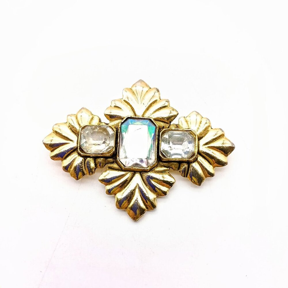 Vintage Gold Tone Brooch with AB Crystal Stones & Leaf Design